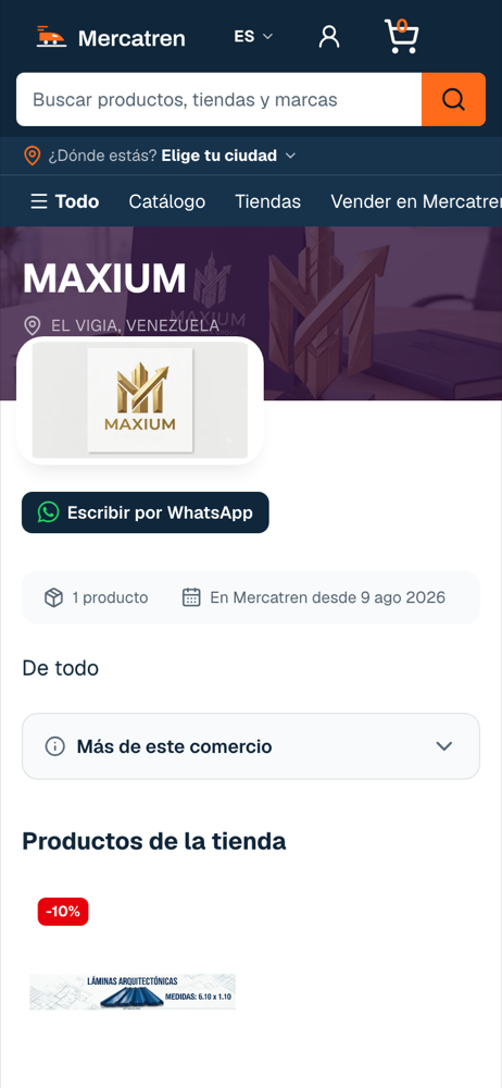 La ficha del comercio MAXIUM en Mercatren, con su ciudad, su botón de WhatsApp y su único producto.