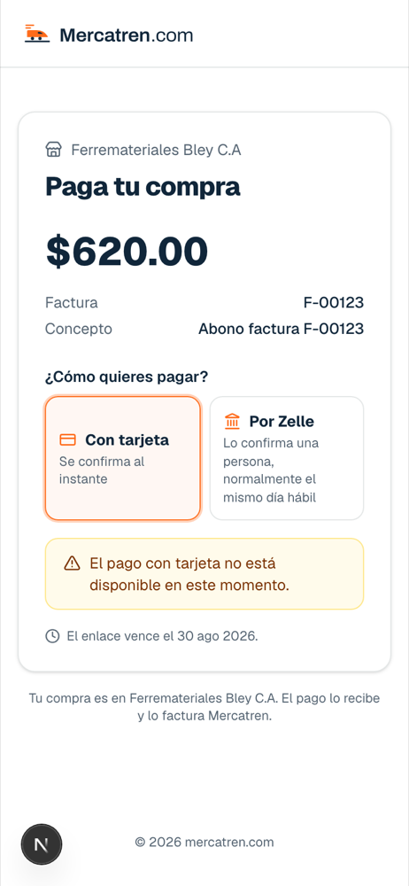 La página de pago de un enlace de cobro con el desglose de mercancía, flete y manejo, y los métodos de pago.