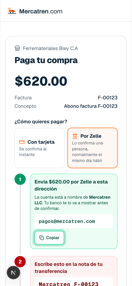 Los tres pasos para pagar por Zelle: la cuenta a nombre de Mercatren LLC, el número de conciliación y la captura del comprobante.