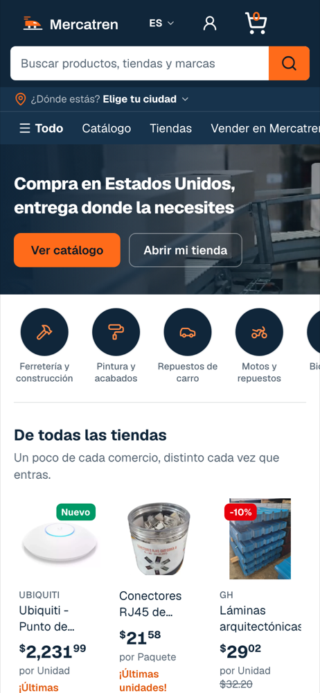 La portada de Mercatren en un celular: el bloque «De todas las tiendas» con productos de distintos comercios venezolanos.