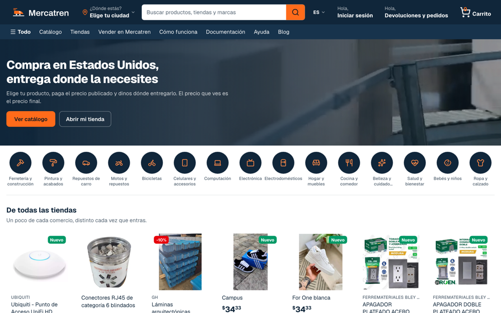La portada de Mercatren en una computadora, con el bloque «De todas las tiendas».