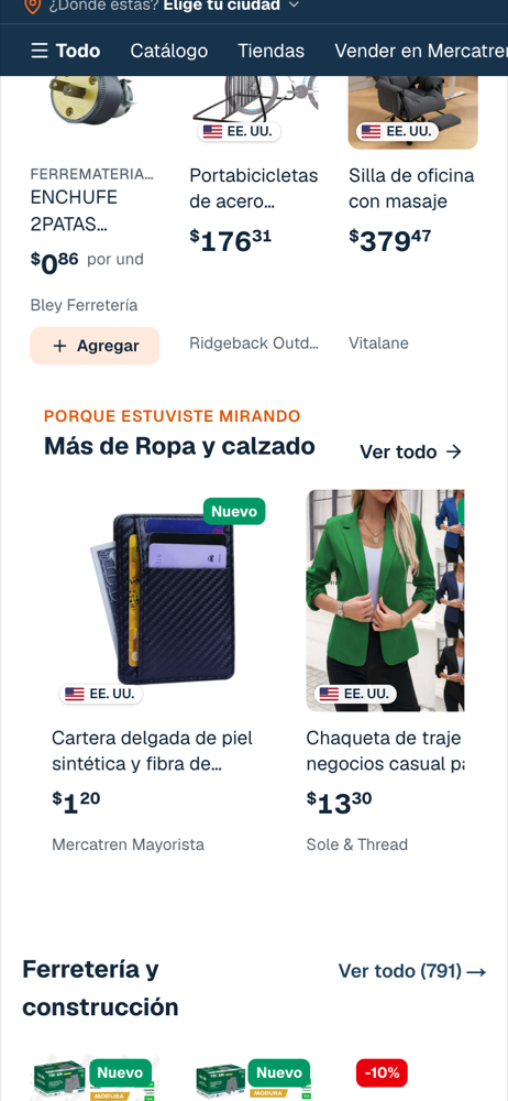 La banda «Porque estuviste mirando · Más de Ropa y calzado» en la portada de Mercatren.