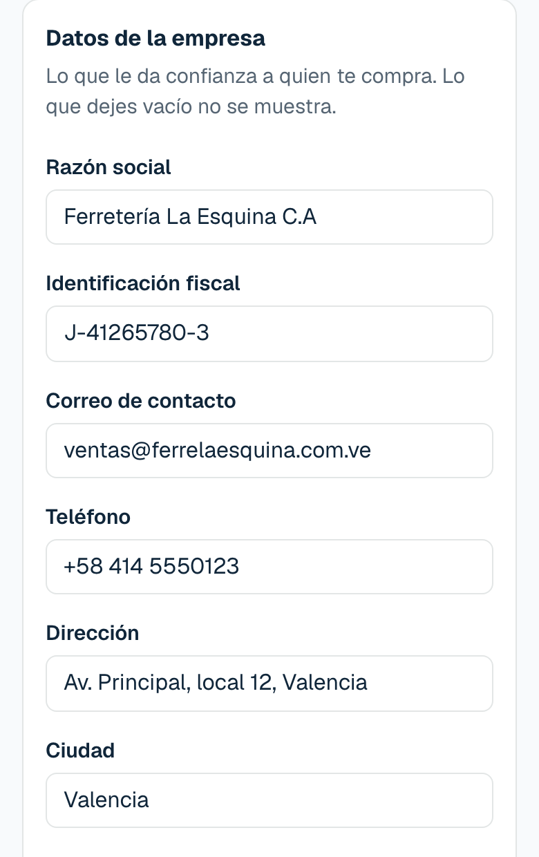 La tarjeta de datos de la empresa en Mi tienda: razón social, identificación fiscal, correo y dirección