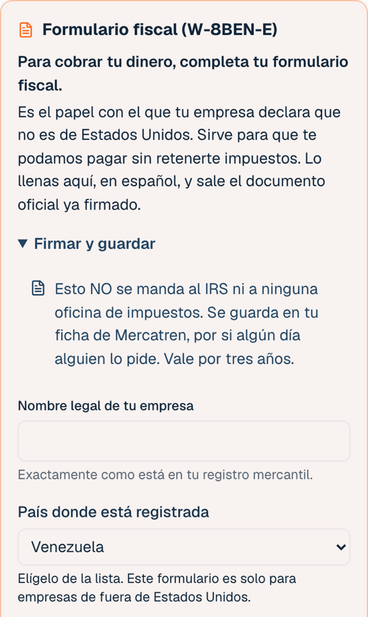 La tarjeta del formulario fiscal, arriba de la pantalla Mi tienda del panel de Mercatren
