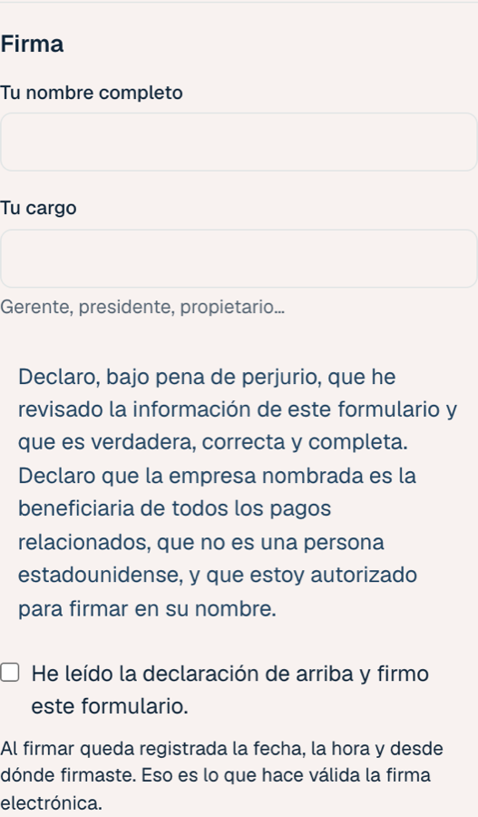 La declaración jurada y la casilla de firma al final del formulario