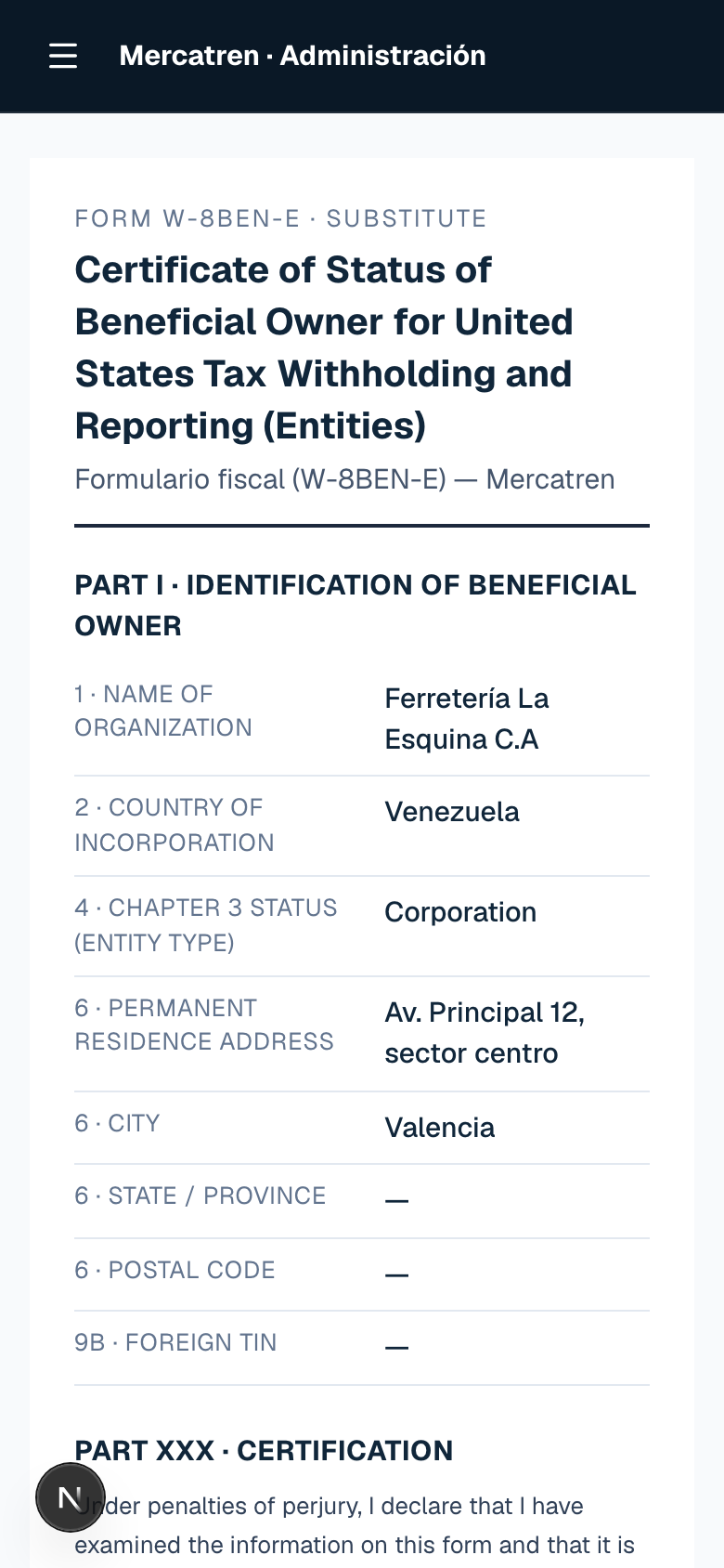 El documento W-8BEN-E generado, en inglés, con los datos de la empresa y la certificación