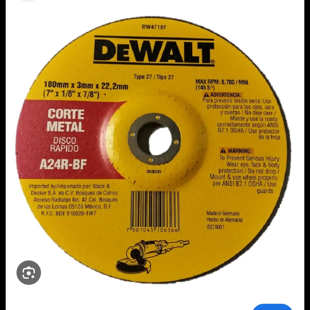 DISCO DE CORTE METAL 7". DEWATL